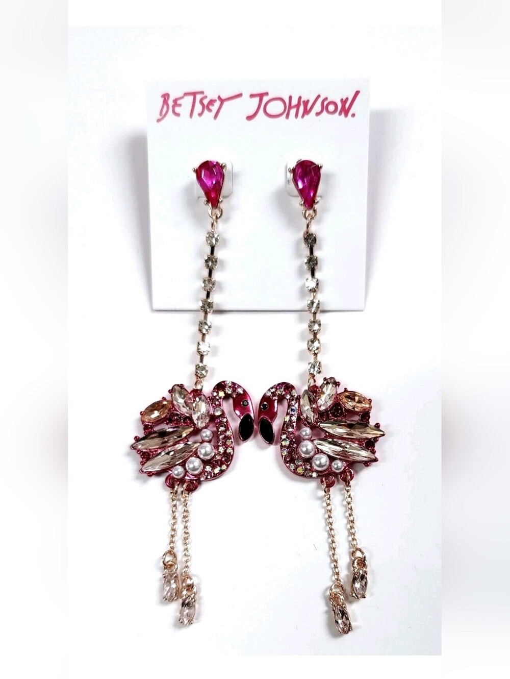 Betsey Johnson Pink Flamingo Dangle Earrings with Crystal Accents